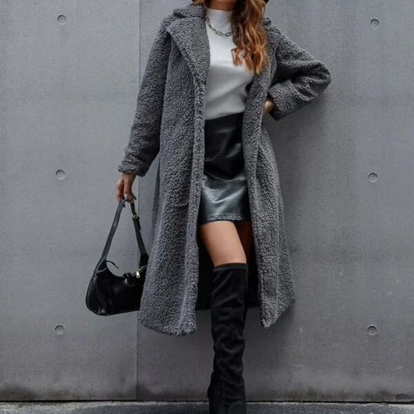 Cozy Charcoal Grey Teddy Button up Long Jacket Coat - Picture 1 of 6